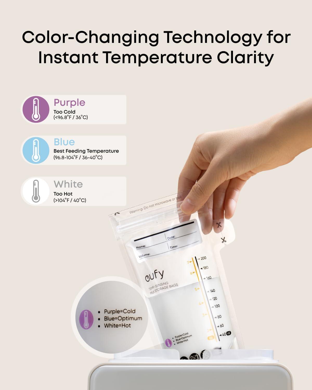 imageeufy Breast Milk Storage Bag with Temperature Sensing Color Change Milk Storing Bags for Breastfeeding 7 oz Disposable Storage Bags SelfStanding Leakproof Milk Freeze Storage Pouches 120 Pieces
