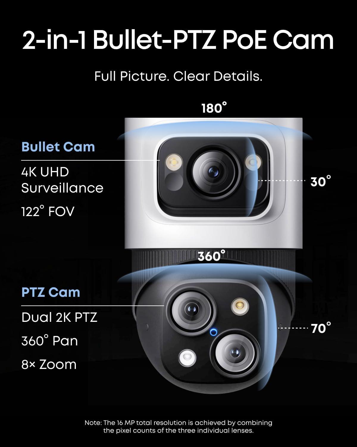 imageeufy PoE NVR Security System E41247 RecordingUp to 16CH 2TB HDD 8 4K Turret Cams Wired Outdoor Cam 4K UHD 122 FOV Color Night Vision AI Detection Red and Blue StrobeBulletPTZ Addon Cam