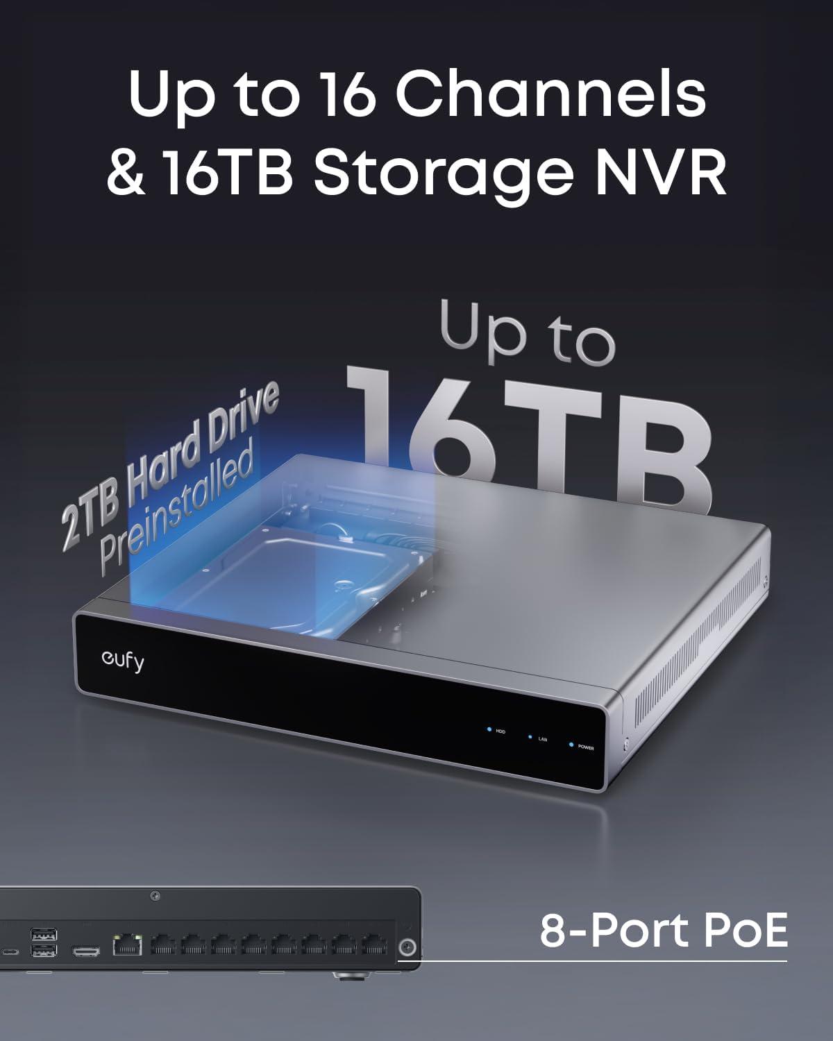 imageeufy PoE NVR Security System E41247 RecordingUp to 16CH 2TB HDD 8 4K Turret Cams Wired Outdoor Cam 4K UHD 122 FOV Color Night Vision AI Detection Red and Blue Strobe8 Bullet Cams