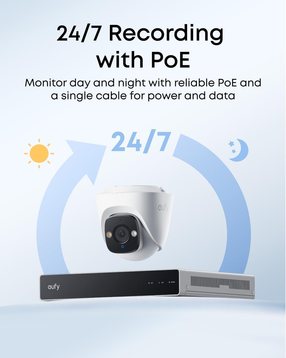 imageeufy PoE NVR Security System E41247 RecordingUp to 16CH 2TB HDD 8 4K Turret Cams Wired Outdoor Cam 4K UHD 122 FOV Color Night Vision AI Detection Red and Blue StrobeTurret Addon Cam