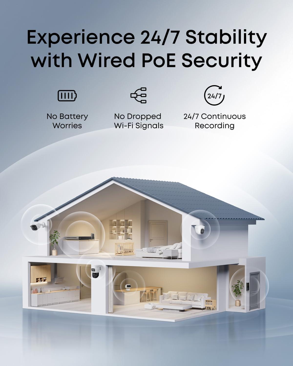 imageeufy PoE NVR Security System E41247 RecordingUp to 16CH 2TB HDD 8 4K Turret Cams Wired Outdoor Cam 4K UHD 122 FOV Color Night Vision AI Detection Red and Blue Strobe2BulletPTZ2Turret Cams