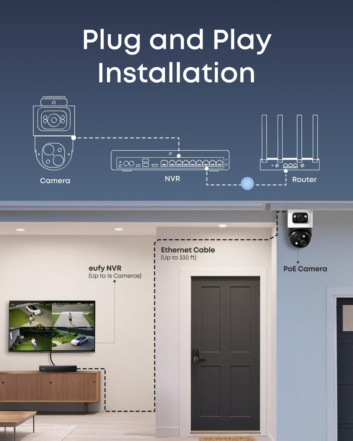 imageeufy PoE NVR Security System E41247 RecordingUp to 16CH 2TB HDD 8 4K Turret Cams Wired Outdoor Cam 4K UHD 122 FOV Color Night Vision AI Detection Red and Blue StrobeBulletPTZ Addon Cam