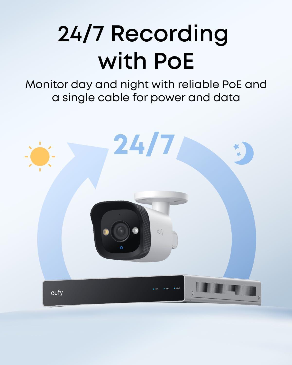 imageeufy PoE NVR Security System E41247 RecordingUp to 16CH 2TB HDD 8 4K Turret Cams Wired Outdoor Cam 4K UHD 122 FOV Color Night Vision AI Detection Red and Blue StrobeBullet Addon Cam