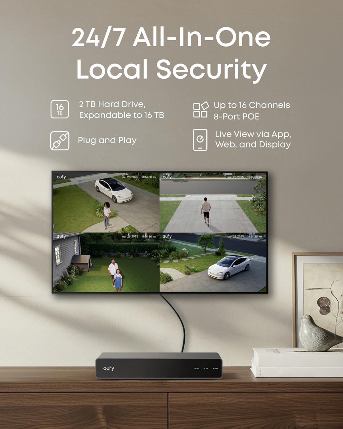 imageeufy PoE NVR Security System E41247 RecordingUp to 16CH 2TB HDD 8 4K Turret Cams Wired Outdoor Cam 4K UHD 122 FOV Color Night Vision AI Detection Red and Blue StrobeBulletPTZ Addon Cam