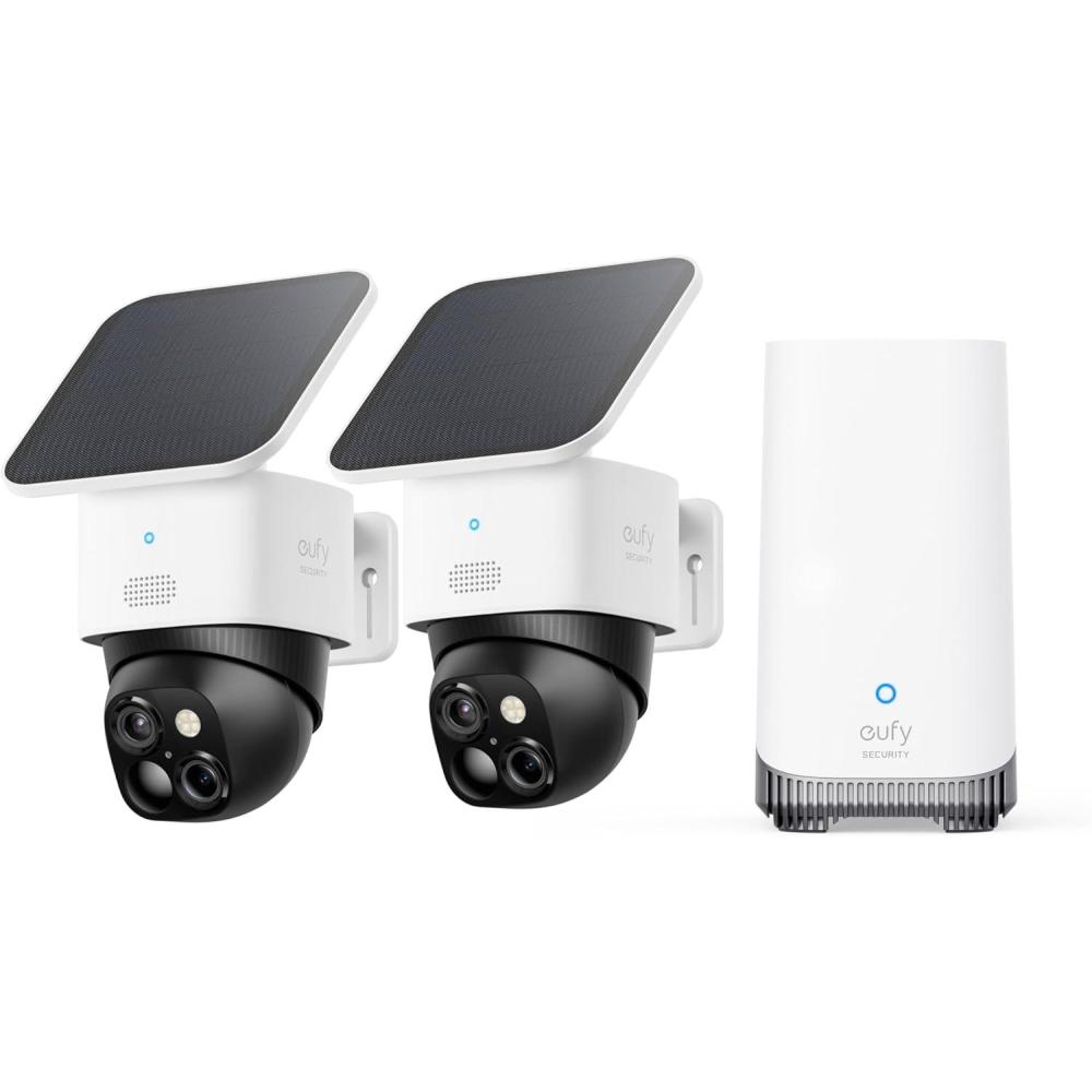 imageeufy Security SoloCam S340 4Cam Kit HomeBase S380 Solar Security Camera Wireless Outdoor Camera 360 Pan and Tilt Surveillance No Blind Spots 24 GHz WiFi No Monthly Fee2Cam Kit